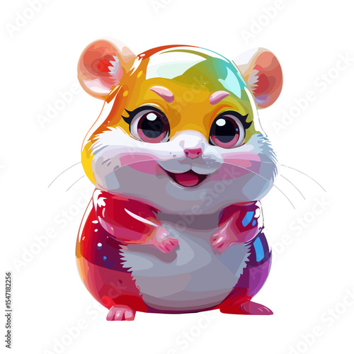 Cute colorful hamster figurine with joyful expression and vibrant rainbow hues on white background