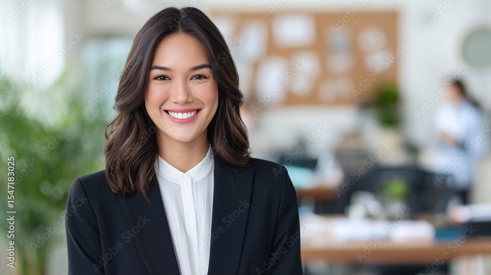 Obraz premium Confident Asian professional smiling warmly, embodying success and approachability in modern workplace.