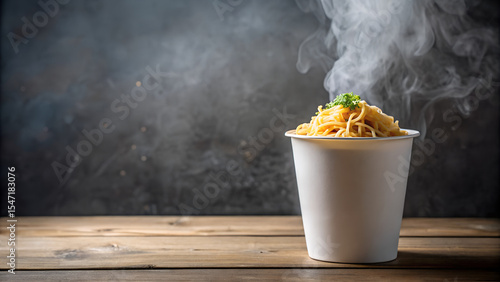 Steaming Cup of Noodles on a Wooden Table with Dark Background