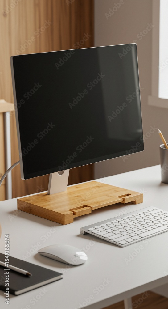 Naklejka premium Modern Minimalist Workspace with Bamboo Monitor Stand