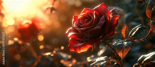 A solitary red rose bathed in sunlight, radiating warmth and subtle beauty