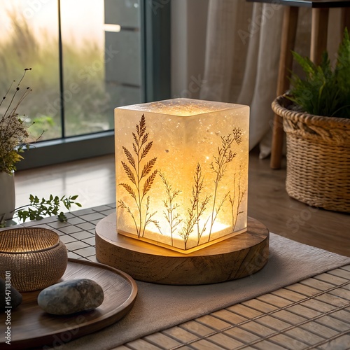 A modern cubeshaped table lamp with pressed plants inside sits on a wooden base, emitting a warm, soft glow