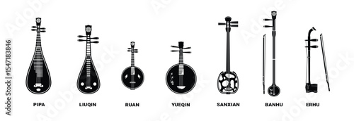 Set of Illustrations of Traditional Asian Stringed Instruments, Silhouettes of Stringed Instruments, Suitable for Music Stores and Communities