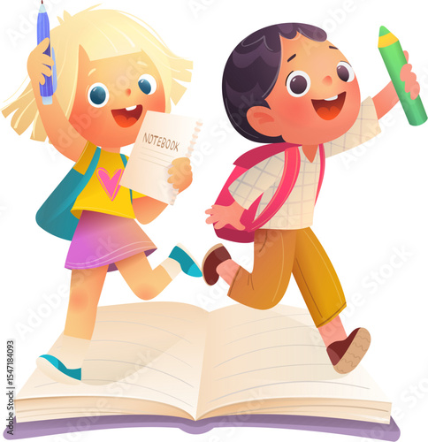 Boy and girl students with backpacks running back to school. Elementary school students learn to read and write. Back to school cartoon clip art. Cartoon vector children illustration for kids