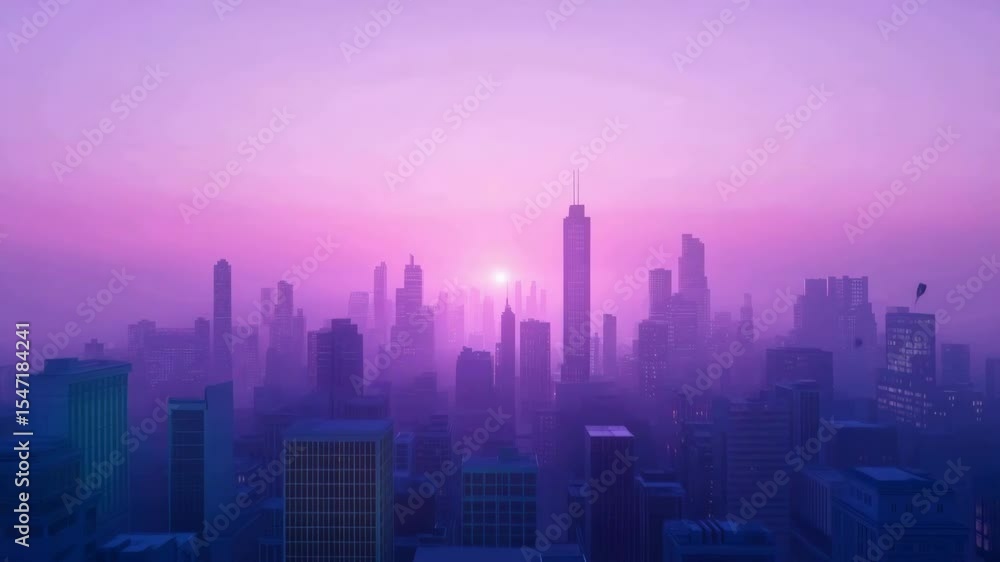 A slow aerial shot of a large city in purple fog A slow aerial shot of a large city in purple fog