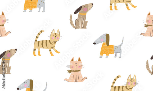 Trendy doodle dogs and cats in a pencil hand drawn cartoon style. Seamless vector pattern design for kids, children stylish textile and stationary. Artistic hand drawn pets dogs and cats vector design