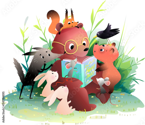 Bear reading a fairytale book to animals in forest nature. Wild animals studying learning reading book in nature, forest school for kids. Vector illustration for children education in watercolor style