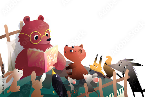 Mama Bear reading a book to baby forest animals before bed. Squirrel rabbit wolf and baby bear reading a fairy tale book with mother bear before sleep. Fairytale vector Illustration for children.