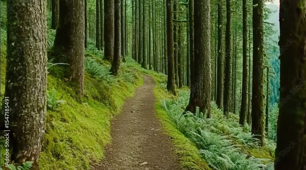 Obraz premium A winding path through a lush forest. Tall trees line a dirt trail covered in moss and ferns
