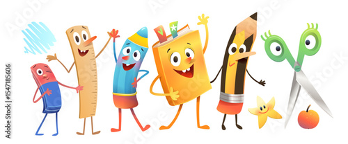 Animated School Supplies Characters with Fun and Friendly Faces. Anthropomorphic characters pencil, book, and eraser. Colorful children preschool education characters vector cartoon illustration.