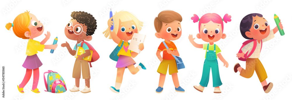 Group of elementary or primary school children with pencils and backpacks. Playful happy kids, back to school character design. Colorful children education characters vector cartoon illustration. Group of elementary or primary school children with pencils and backpacks. Playful happy kids, back to school character design. Colorful children education characters vector cartoon illustration.