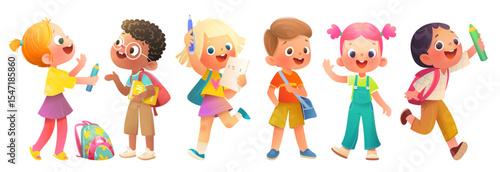 Group of elementary or primary school children with pencils and backpacks. Playful happy kids, back to school character design. Colorful children education characters vector cartoon illustration.
