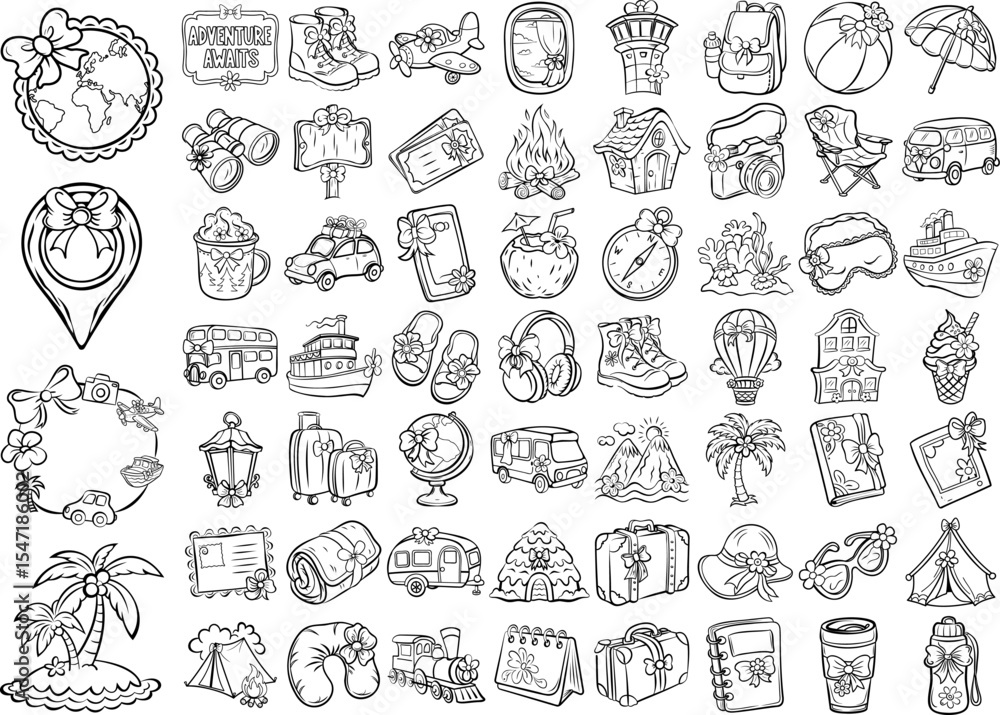 Hand drawn travel, adventure, transport, and vacation elements for journey and exploration design