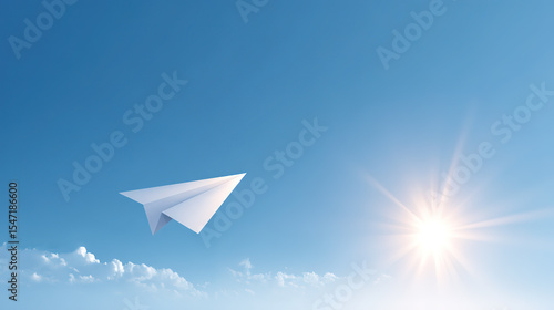 Paper airplane flying in the blue sky and freedom dream theme concept