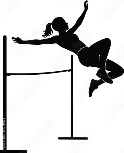 Female high jumper silhouette, athletic leap vector, sports competition pose, fitness strength motion, track and field event, dynamic action illustration, Olympic jump artwork