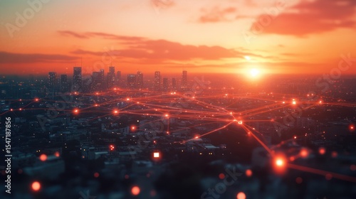 Digital Network Over Cityscape at Dusk: Interconnected Communication and Infrastructure