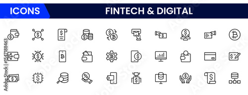 Sleek vector web line icons depicting fintech, digital payments, blockchain, mobile banking, and innovative financial technology for seamless transactions.