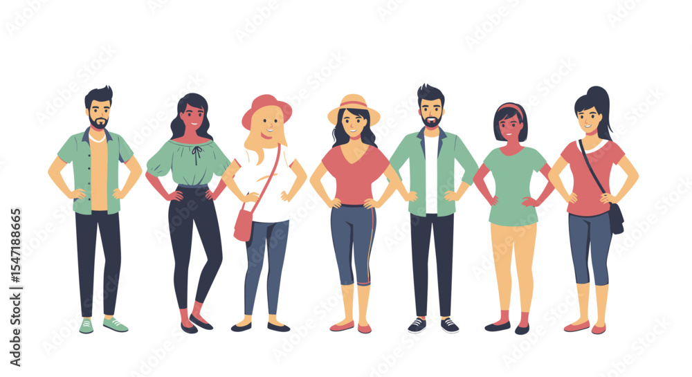 Obraz premium A group of seven diverse young adults stand together, smiling, in casual attire, against a white background.