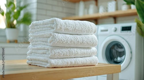 Stack of freshly laundered white folded towels on wooden countertop in bright modern laundry room with washing machines and green plants