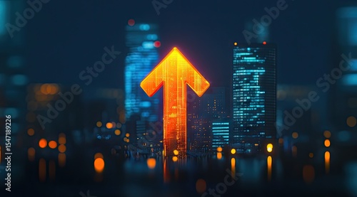 Glowing upward arrow over a city at night