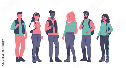 Diverse group of hikers ready for adventure, standing together in casual outdoor attire.