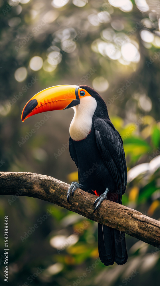 Fototapeta premium Toucan, unique bird species known for its large beak, is tree-dweller found in lush jungles of South America, Amazon.