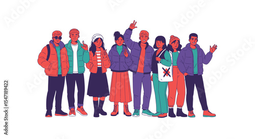 A diverse group of young adults stand together, showcasing various styles and expressions of individuality and unity.