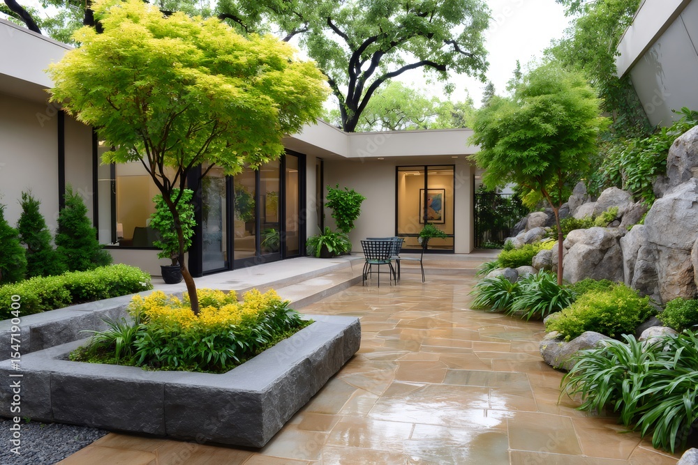 Fototapeta premium Beautiful modern house with gorgeous garden featuring rocks, trees and flowerbeds