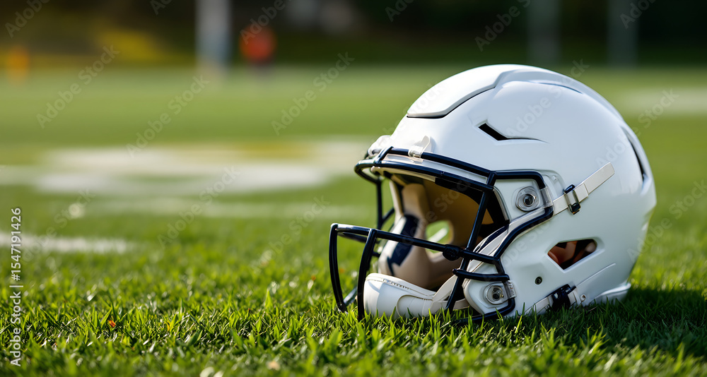 Fototapeta premium American football helmet resting on the grass of a vibrant green field