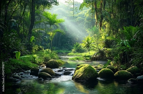 Vibrant riverbanks adorned with green plants and lianas.