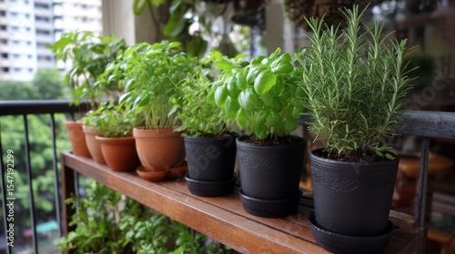 Fresh herbs in pots on urban balcony garden with wooden shelf display. Small balcony garden with pots of basil, mint, and rosemary, urban gardening vibe