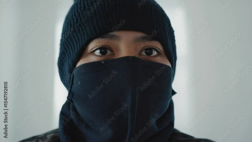 A close-up of a person wearing a black balaclava, with only their eyes visible, creating a sense of mystery, anonymity, or protection. Ideal for security or abstract themes. A close-up of a person wearing a black balaclava, with only their eyes visible, creating a sense of mystery, anonymity, or protection. Ideal for security or abstract themes.