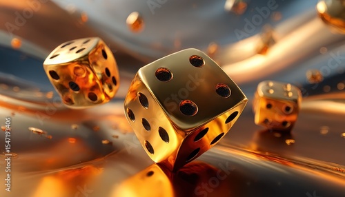 Golden dice swirling in liquid