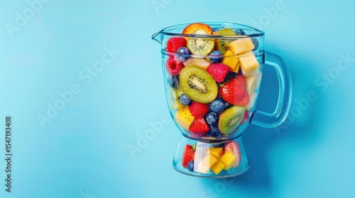 Fruit smoothie ingredients in blender, blue background (1)
