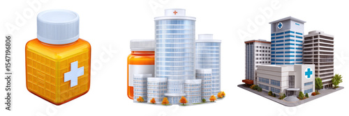 Medicine and healthcare illustrations featuring bottles and buildings.