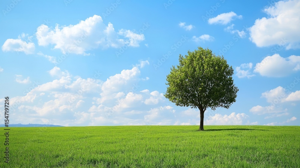 Obraz premium Tranquil landscape scene of a lone tree on a grassy plain under a clear sky.