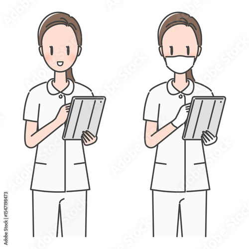 イラスト素材：タブレット操作、電子カルテに入力する笑顔の女性看護師（マスクあり・なし）