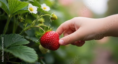 Child's hand picking ripe strawberry among green leaves and flowers, sunny day, copy space