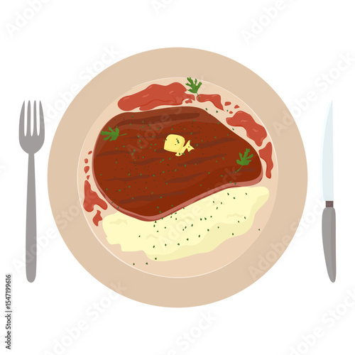 illustration of mashed potatoes with roasted cutlet and sauce.