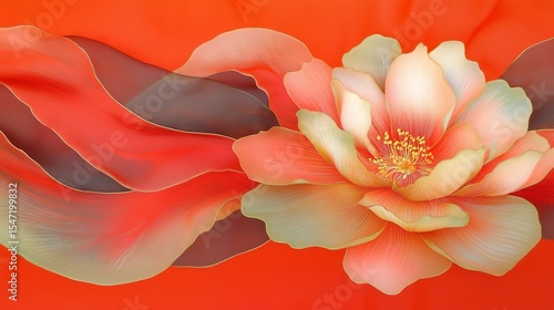 The vibrant red fabric was beautifully adorned with richly colored floral patterns