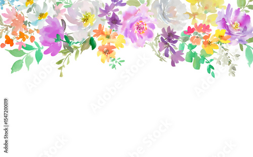 Vector frame of abstract purple and white peonies and wildflowers painted in watercolor. Hand-drawn floral drop background with transparent background.