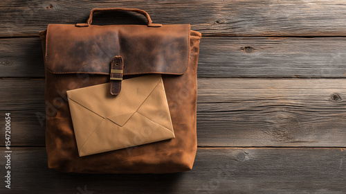 Vintage leather mail bag with sealed letter on wood, conveying timeless communication and nostalgia.