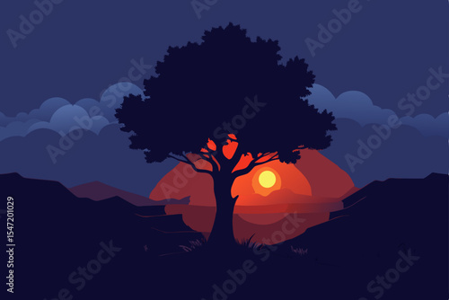 Majestic Sunset Silhouette Lone Tree at Dusk Landscape Illustration