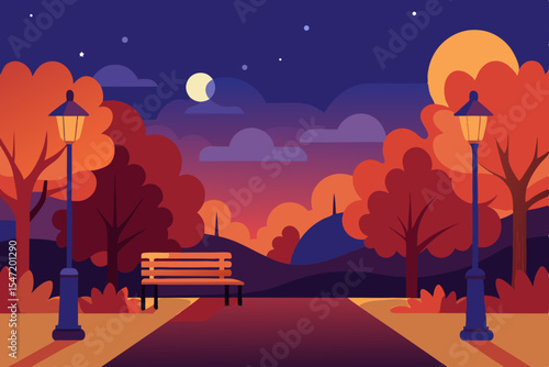 Serene Autumn Night Park Scene Moonlit Pathway, Colorful Trees, and Empty Bench
