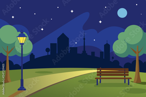 Night Park Scene Serene Cityscape under Starlit Sky