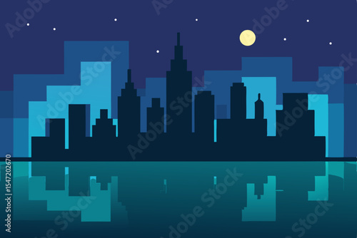 A captivating city skyline at night gleams with illuminated buildings under a starry sky, a stunning urban illustration of modern architecture