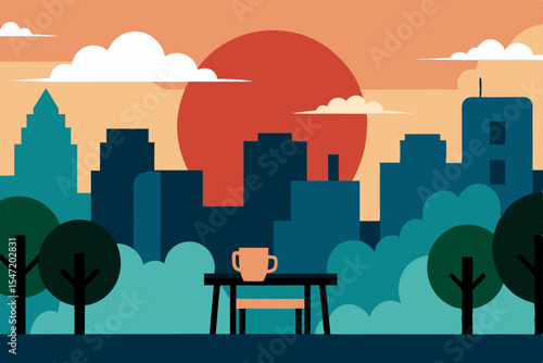 Urban cityscape illustration with business people silhouettes and architectural skyline at night