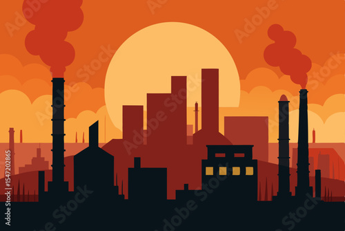 City factory silhouette against a sunset sky with towering chimneys polluting the urban skyline