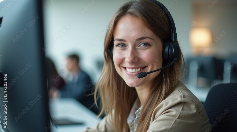 Portrait of a woman working in customer service at a call center. Portrait of a woman working in customer service at a call center.