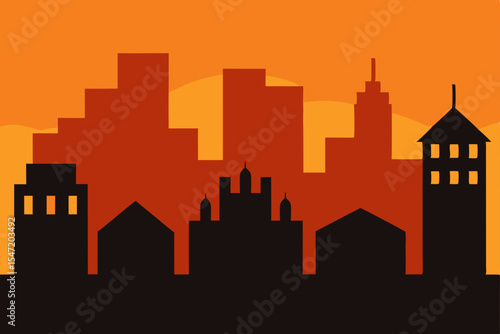 City skyline silhouette vector illustration of urban buildings at sunset